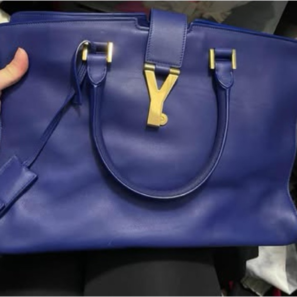 Yves Saint Laurent Blue Satchel with Gold Accents